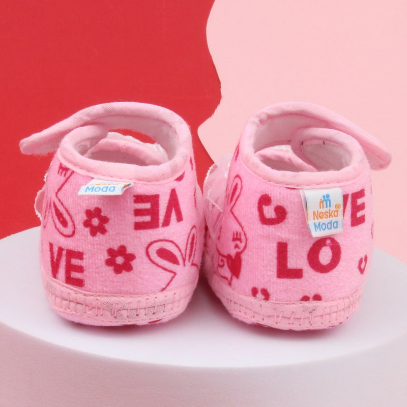 6 To 12 Months Baby Girls Velvet Printed Frill Booties (Pink)-BT4999