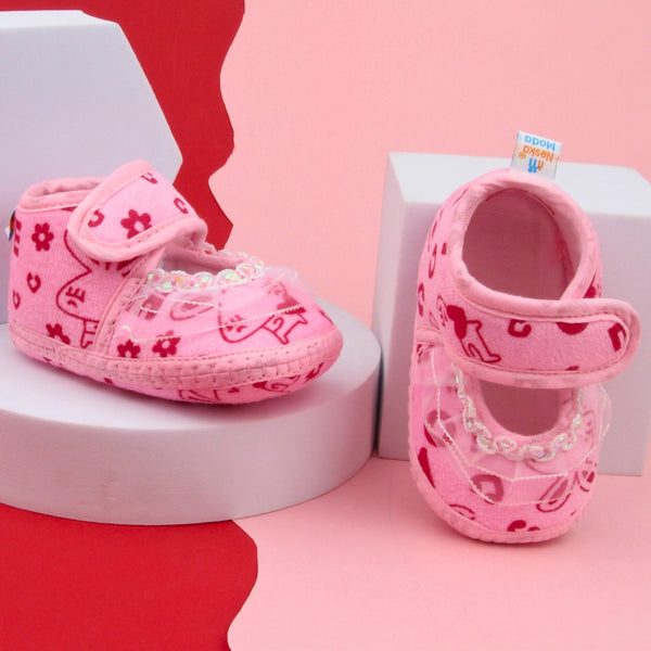 6 To 12 Months Baby Girls Velvet Printed Frill Booties (Pink)-BT4999