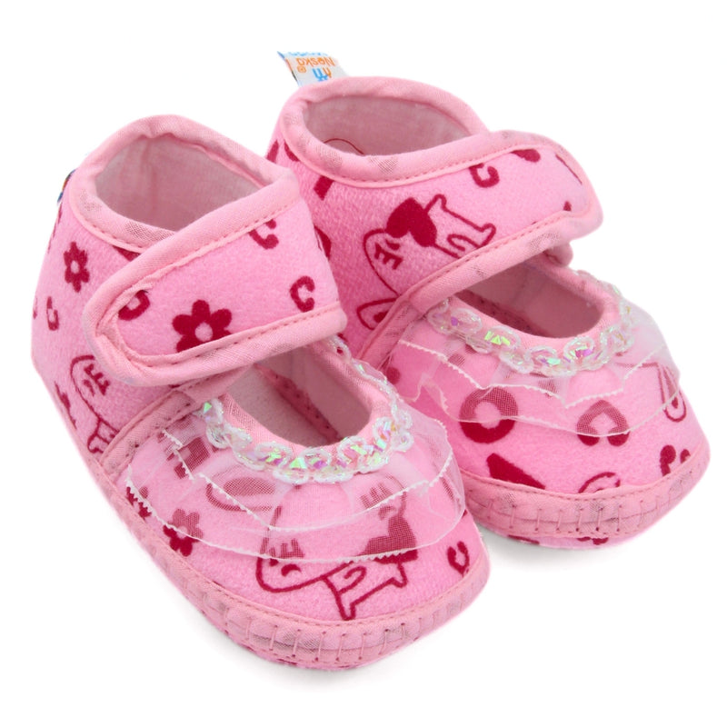 6 To 12 Months Baby Girls Velvet Printed Frill Booties (Pink)-BT4999