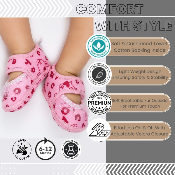 6 To 12 Months Baby Girls Velvet Printed Frill Booties (Pink)-BT4999