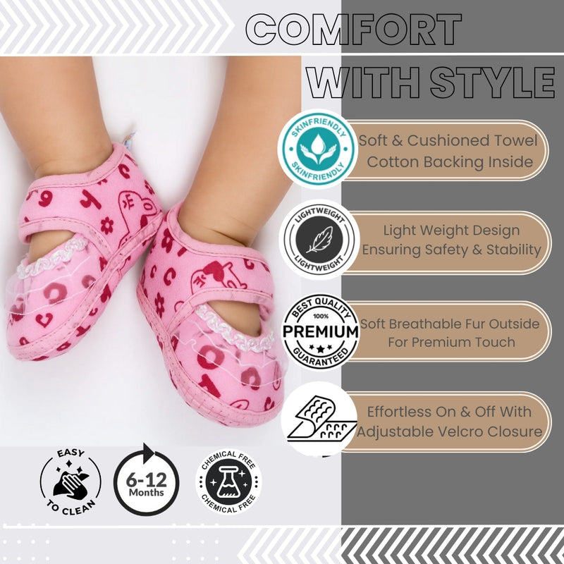 6 To 12 Months Baby Girls Velvet Printed Frill Booties (Pink)-BT4999