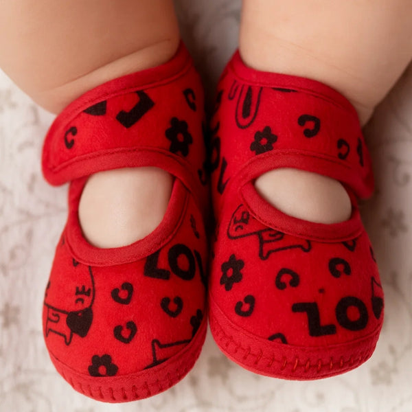 6 To 12 Months Baby Girls Velvet Printed Booties (Red)-BT5000