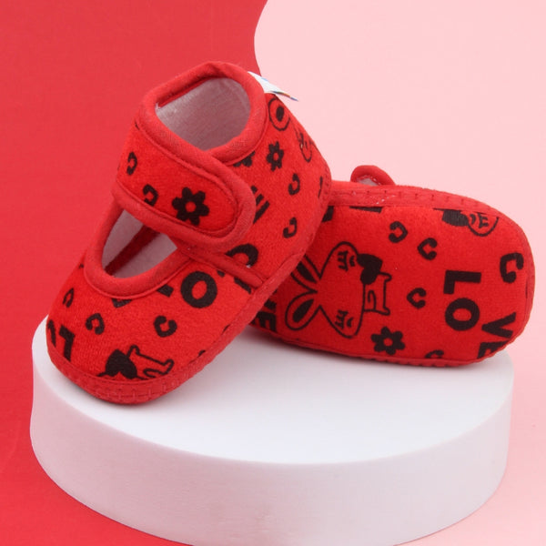 6 To 12 Months Baby Girls Velvet Printed Booties (Red)-BT5000