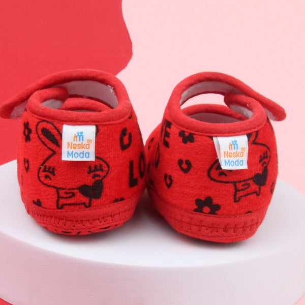 6 To 12 Months Baby Girls Velvet Printed Booties (Red)-BT5000