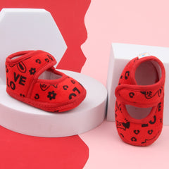 6 To 12 Months Baby Girls Velvet Printed Booties (Red)-BT5000