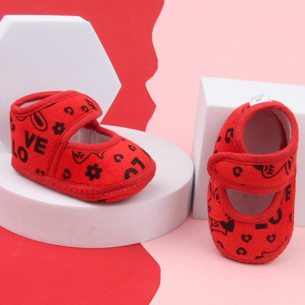 6 To 12 Months Baby Girls Velvet Printed Booties (Red)-BT5000