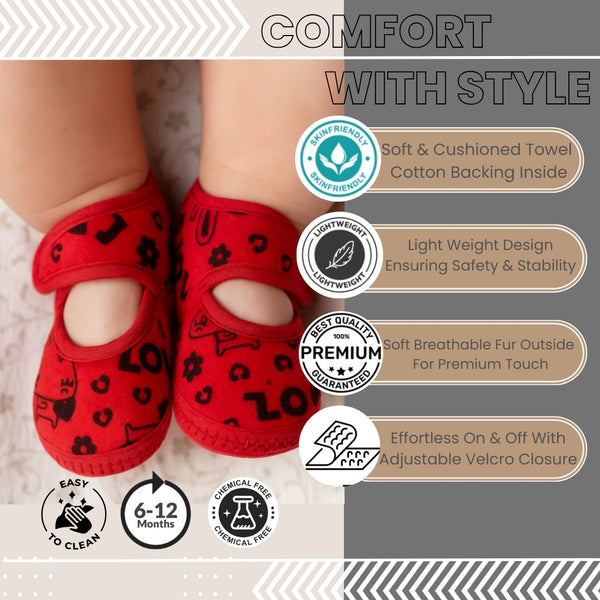 6 To 12 Months Baby Girls Velvet Printed Booties (Red)-BT5000