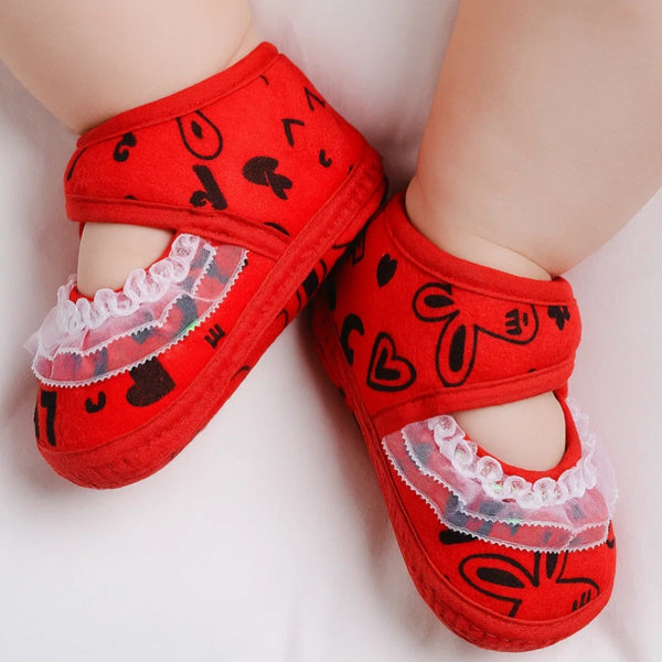 6 To 12 Months Baby Girls Velvet Printed Frill Booties (Red)-BT5001
