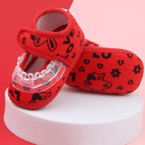 6 To 12 Months Baby Girls Velvet Printed Frill Booties (Red)-BT5001