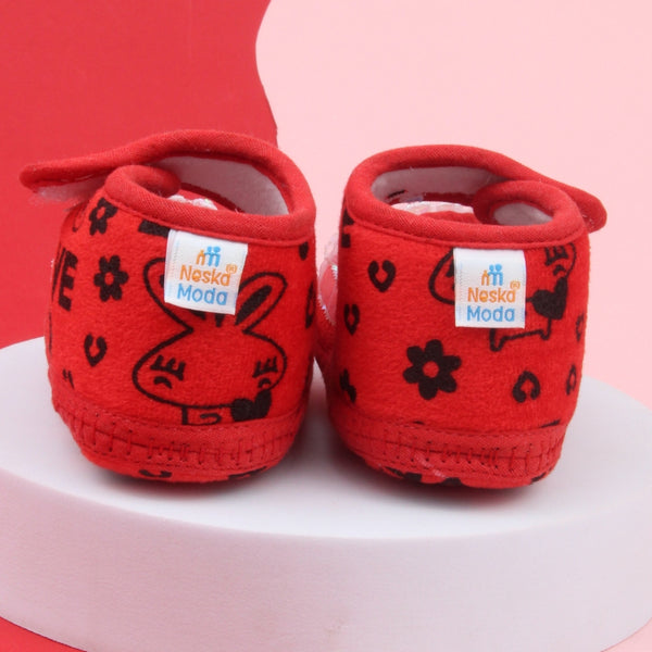 6 To 12 Months Baby Girls Velvet Printed Frill Booties (Red)-BT5001