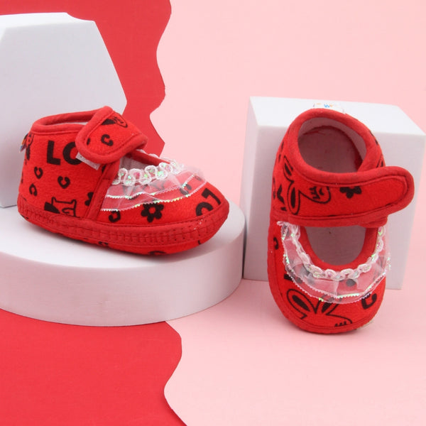 6 To 12 Months Baby Girls Velvet Printed Frill Booties (Red)-BT5001