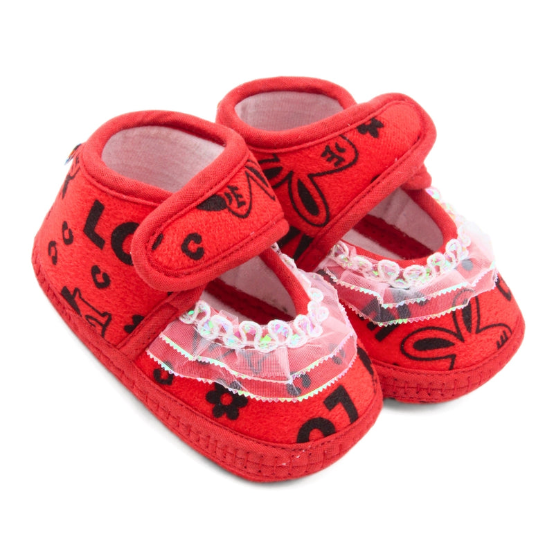 6 To 12 Months Baby Girls Velvet Printed Frill Booties (Red)-BT5001