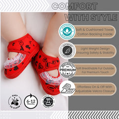 6 To 12 Months Baby Girls Velvet Printed Frill Booties (Red)-BT5001
