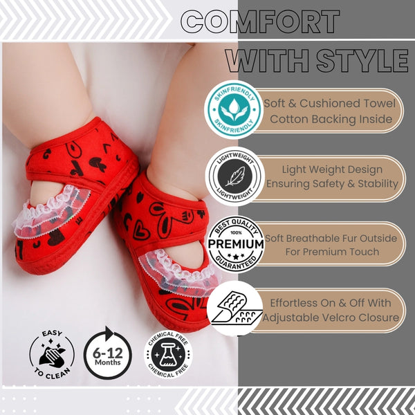 6 To 12 Months Baby Girls Velvet Printed Frill Booties (Red)-BT5001