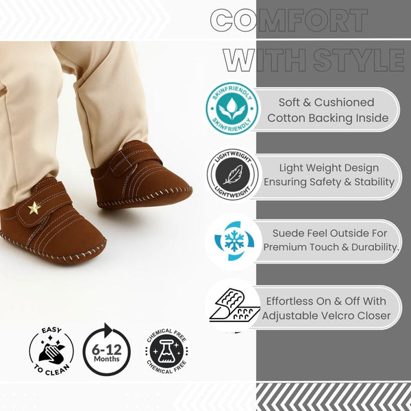 6 To 12 Months Baby Boys & Girls Velvet Star Booties (Dark Brown)-BT5016