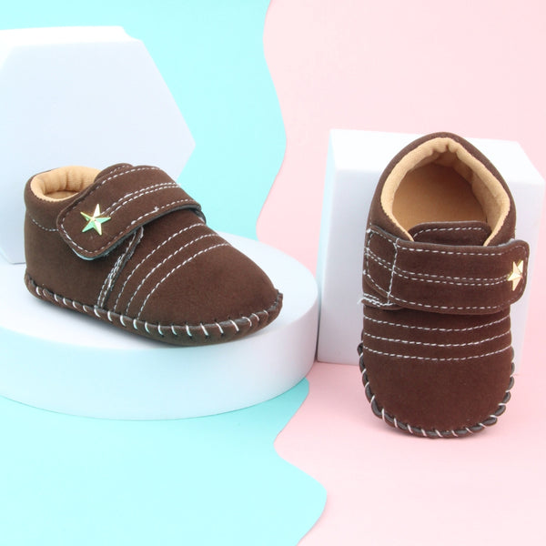 6 To 12 Months Baby Boys & Girls Velvet Star Booties (Dark Brown)-BT5016