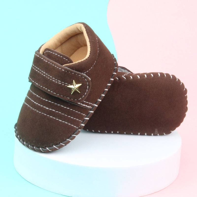 6 To 12 Months Baby Boys & Girls Velvet Star Booties (Dark Brown)-BT5016