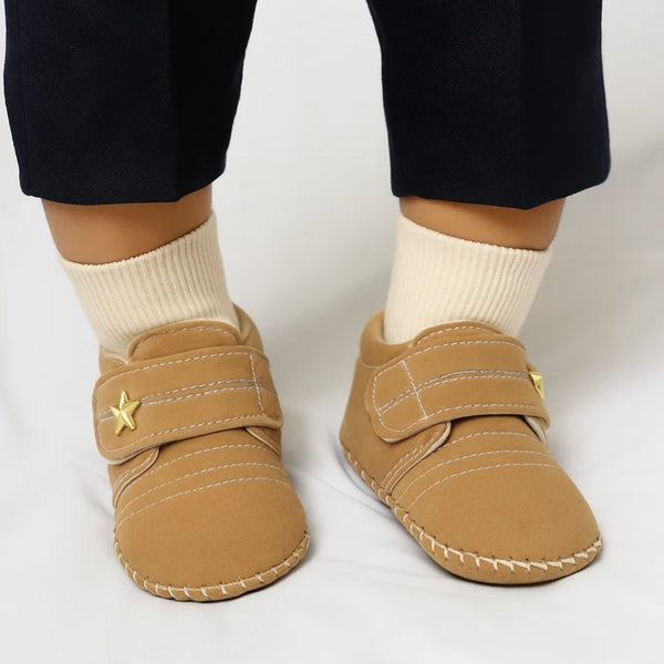 6 To 12 Months Baby Boys & Girls Velvet Star Booties (Beige)-BT5017