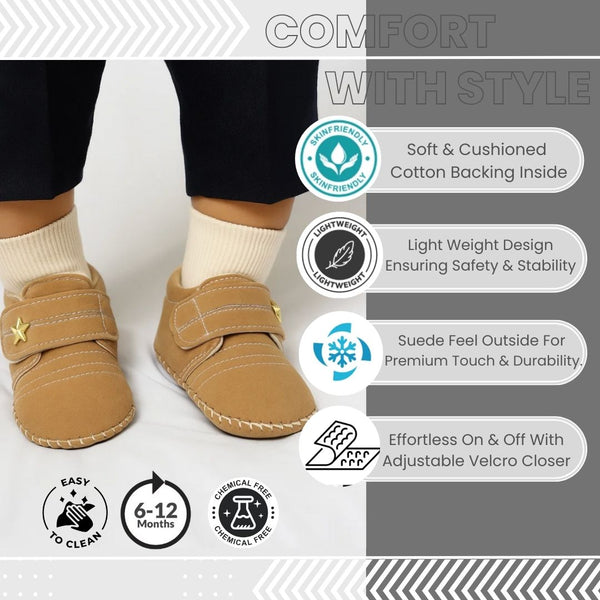 6 To 12 Months Baby Boys & Girls Velvet Star Booties (Beige)-BT5017