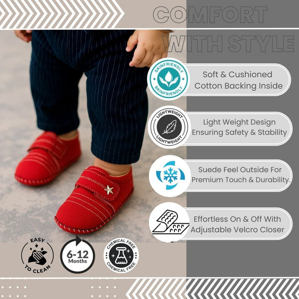 6 To 12 Months Baby Boys & Girls Velvet Star Booties (Red)-BT5018