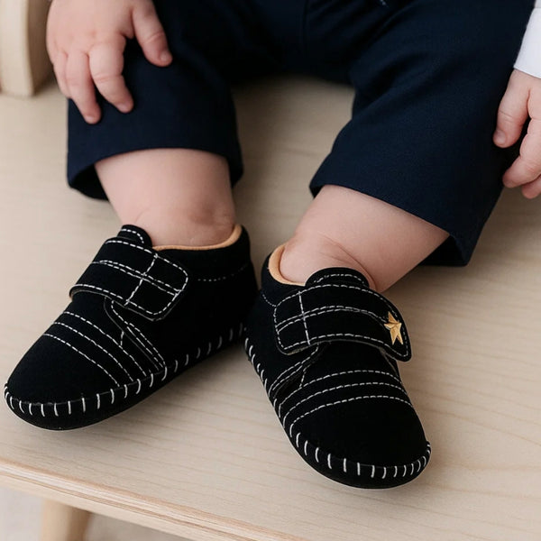 6 To 12 Months Baby Boys & Girls Velvet Star Booties (Black)-BT5019