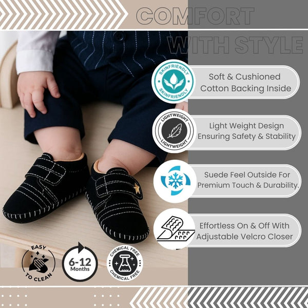 6 To 12 Months Baby Boys & Girls Velvet Star Booties (Black)-BT5019