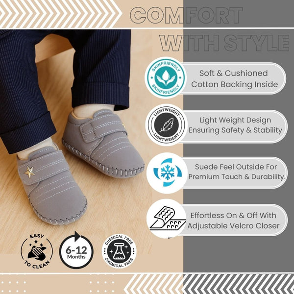 6 To 12 Months Baby Boys & Girls Velvet Star Booties (Grey)-BT5021