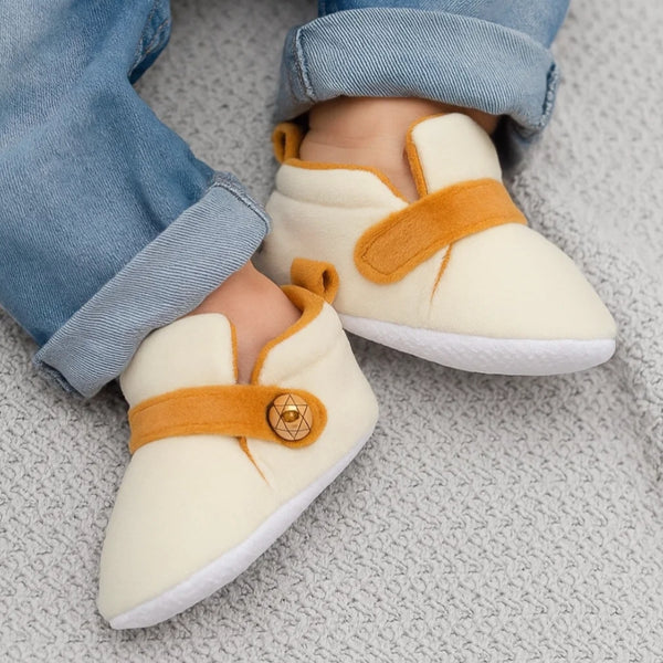 6 To 12 Months Baby Boys & Girls Side Button Booties (Off White,Brown)-BT5022