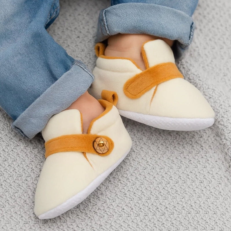 6 To 12 Months Baby Boys & Girls Side Button Booties (Off White,Brown)-BT5022