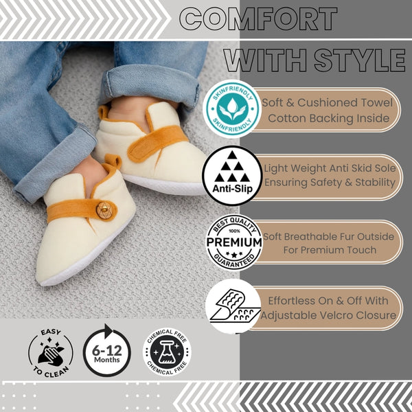 6 To 12 Months Baby Boys & Girls Side Button Booties (Off White,Brown)-BT5022