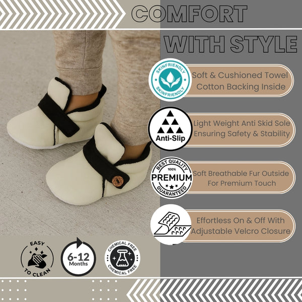 6 To 12 Months Baby Boys & Girls Side Button Booties (Off White,Black)-BT5023