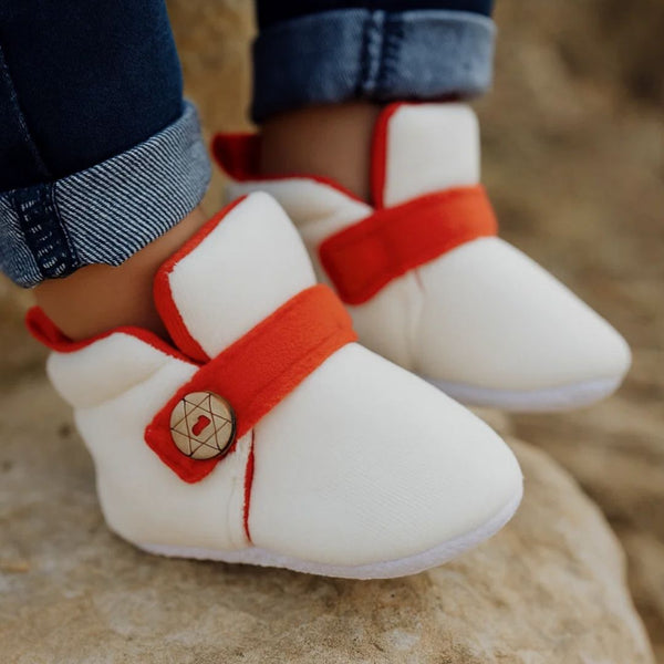 6 To 12 Months Baby Boys & Girls Side Button Booties (Off White,Red)-BT5024