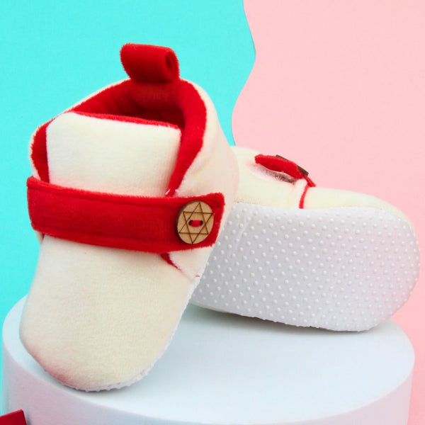 6 To 12 Months Baby Boys & Girls Side Button Booties (Off White,Red)-BT5024