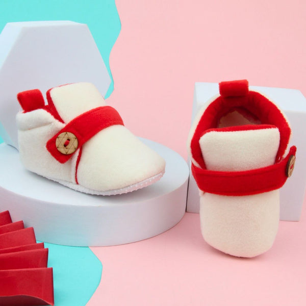 6 To 12 Months Baby Boys & Girls Side Button Booties (Off White,Red)-BT5024