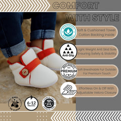 6 To 12 Months Baby Boys & Girls Side Button Booties (Off White,Red)-BT5024