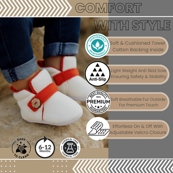 6 To 12 Months Baby Boys & Girls Side Button Booties (Off White,Red)-BT5024