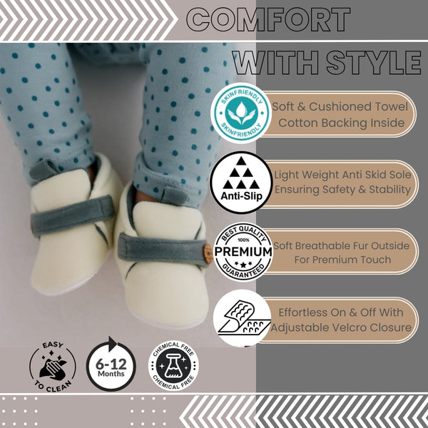 6 To 12 Months Baby Boys & Girls Side Button Booties (Off White,Grey)-BT5025