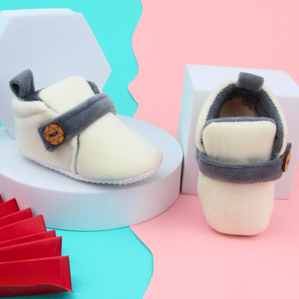 6 To 12 Months Baby Boys & Girls Side Button Booties (Off White,Grey)-BT5025