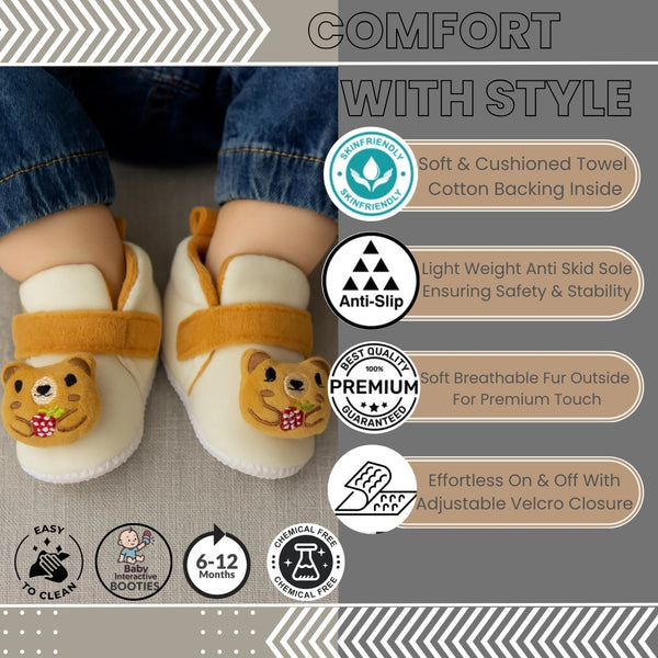 6 To 12 Months Baby Boys & Girls Animal Face Booties (Off White,Brown)-BT5026