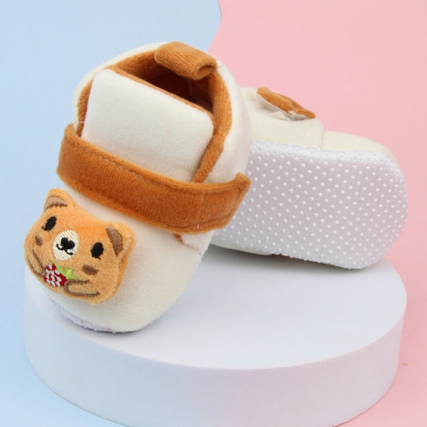 6 To 12 Months Baby Boys & Girls Animal Face Booties (Off White,Brown)-BT5026