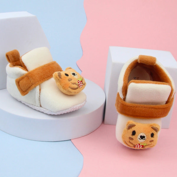 6 To 12 Months Baby Boys & Girls Animal Face Booties (Off White,Brown)-BT5026