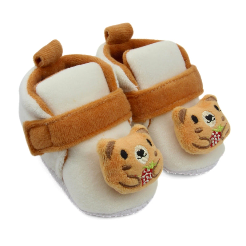 6 To 12 Months Baby Boys & Girls Animal Face Booties (Off White,Brown)-BT5026