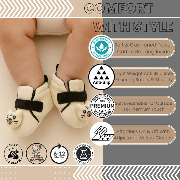 6 To 12 Months Baby Boys & Girls Animal Face Booties (Off White,Black)-BT5027