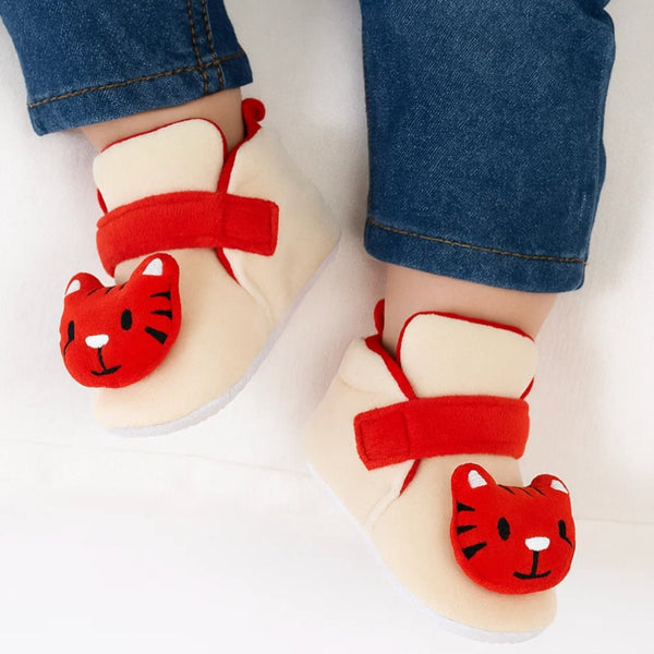 6 To 12 Months Baby Boys & Girls Animal Face Booties (Off White,Red)-BT5028