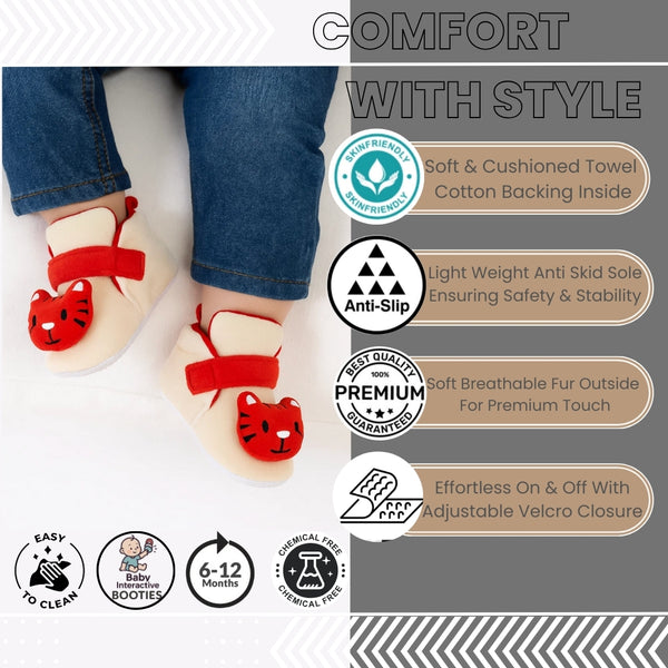 6 To 12 Months Baby Boys & Girls Animal Face Booties (Off White,Red)-BT5028