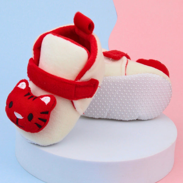 6 To 12 Months Baby Boys & Girls Animal Face Booties (Off White,Red)-BT5028