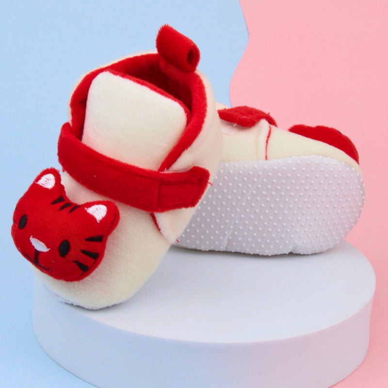 6 To 12 Months Baby Boys & Girls Animal Face Booties (Off White,Red)-BT5028
