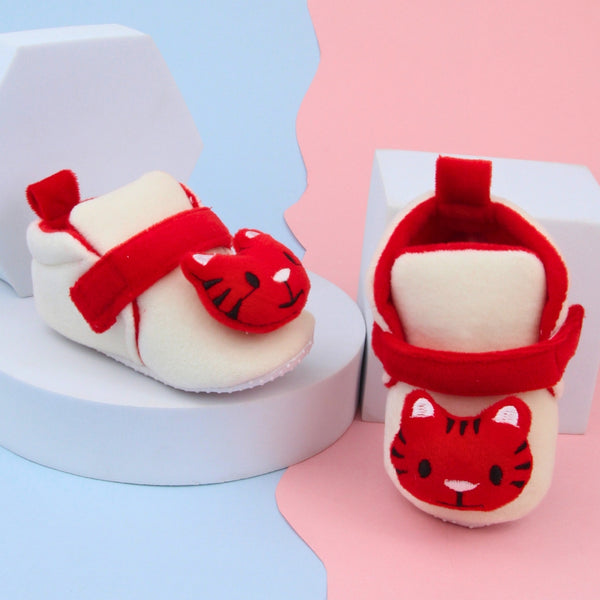 6 To 12 Months Baby Boys & Girls Animal Face Booties (Off White,Red)-BT5028