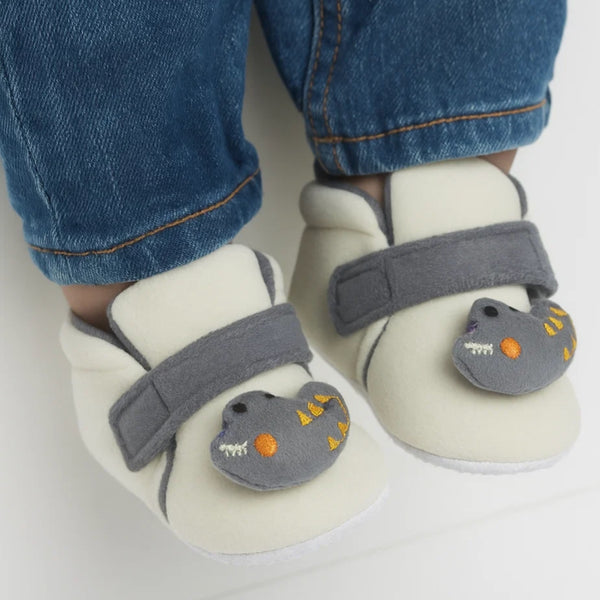 6 To 12 Months Baby Boys & Girls Animal Face Booties (Off White,Grey)-BT5029