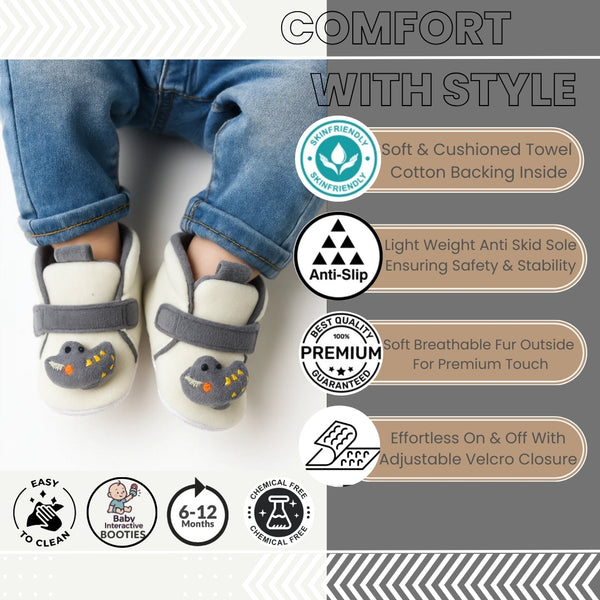6 To 12 Months Baby Boys & Girls Animal Face Booties (Off White,Grey)-BT5029